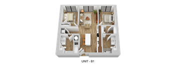 A 3D layout of a unit B1 apartment with a living room, dining room, kitchen, and two bedrooms.