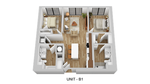 A 3D layout of a unit B1 apartment with a living room, dining room, kitchen, and two bedrooms.