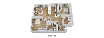 A 3D rendered image of a layout of a unit labeled B2.