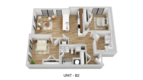 A 3D rendered image of a layout of a unit labeled B2.