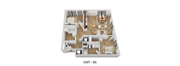 A 3D rendered image of a floor plan for a unit labeled B5.