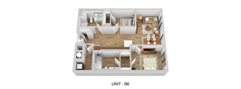 A 3D rendered image of a floor plan for Unit B6.