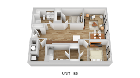 A 3D rendered image of a floor plan for Unit B6.