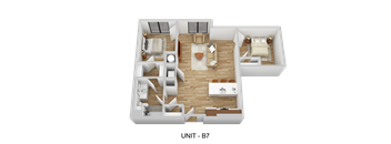 A 3D floor plan of apartment B7 showing a living room, kitchen, and two bedrooms.