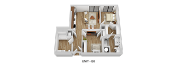 A 3D rendered image of a floor plan for Unit B8.