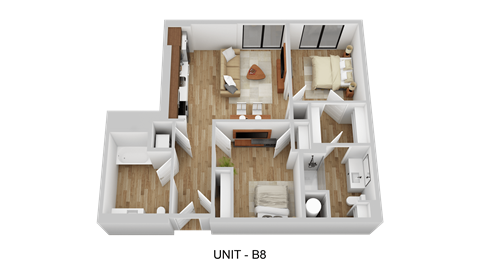 A 3D rendered image of a floor plan for Unit B8.