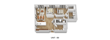 A top-down view of a floor plan for Unit B9 showing a living room, kitchen, and two bedrooms.