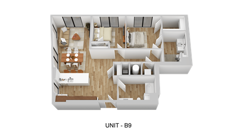 A top-down view of a floor plan for Unit B9 showing a living room, kitchen, and two bedrooms.