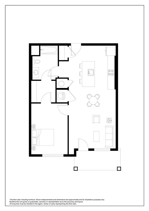 A black and white floor plan of a house with rooms and furniture.