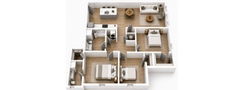 A top down view of a house interior with a kitchen, living room, and bedrooms.