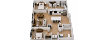 A top-down view of a modern, minimalist apartment with a kitchen, living room, dining area, and bathroom.