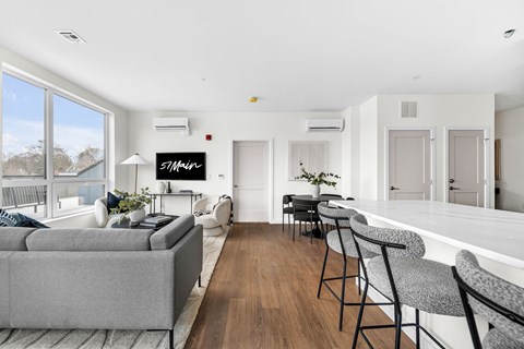 A living room with a grey couch and a wooden floor.