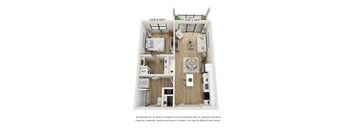 A floor plan of a small apartment with a bedroom, living room, and kitchen.