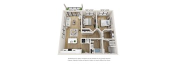 A floor plan of a two-bedroom apartment with a living room, kitchen, and bathroom.