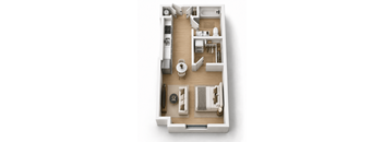 A top down view of a small apartment with a kitchen, living room, and bathroom.