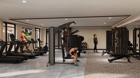 A gym with people exercising and fitness equipment.