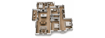 A 3D floor plan of a house with multiple rooms and furniture.