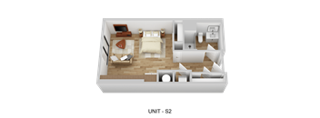 A 3D floor plan of a small apartment layout.