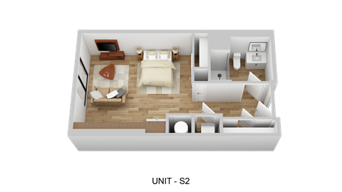 A 3D floor plan of a small apartment layout.