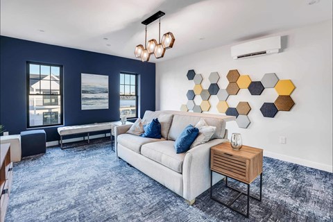 a living room with a couch and a blue rug