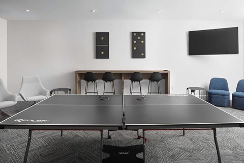 a ping pong table in a room with chairs and a television
