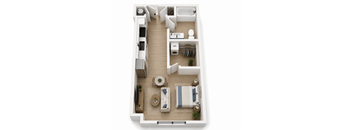 A top down view of a small apartment with a living room, kitchen, and bathroom.