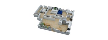 A 3D floor plan of a house with a kitchen, living room, and bedrooms.