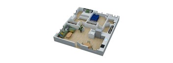 A 3D image of a house layout with a living room, kitchen, and two bedrooms.
