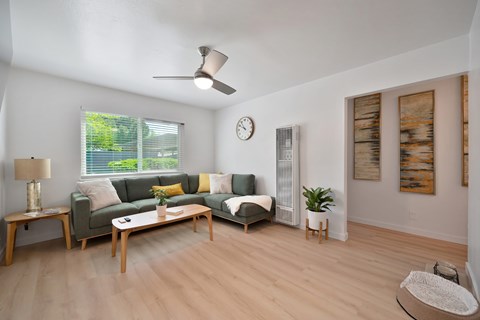 A living room with a green couch and a wooden floor.