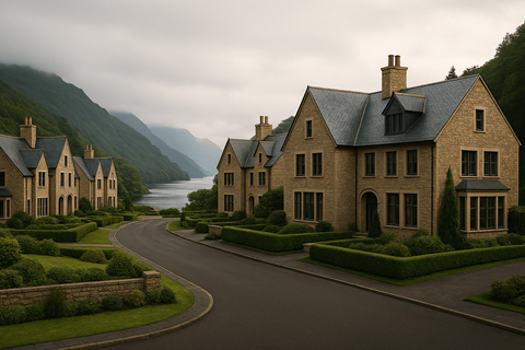 A row of houses with a body of water in the background.