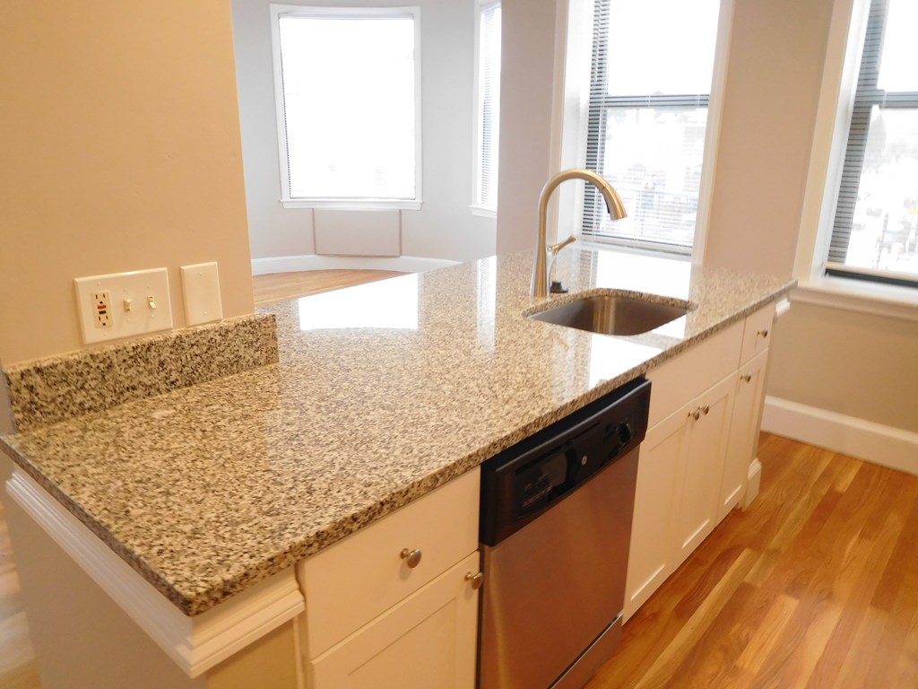 A kitchen with a granite countertop and a dishwasher.