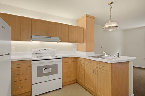 A kitchen with wooden cabinets and a white countertop.