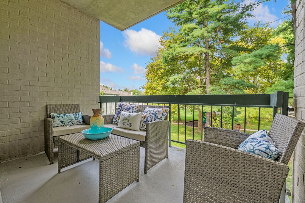 A patio with a table and chairs with a view of trees.