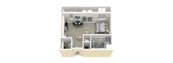 A top down view of a small apartment with a living room, kitchen, and bedroom.