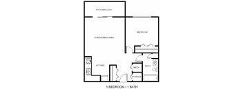 A black and white image of a floor plan for a one bedroom, one bathroom apartment.