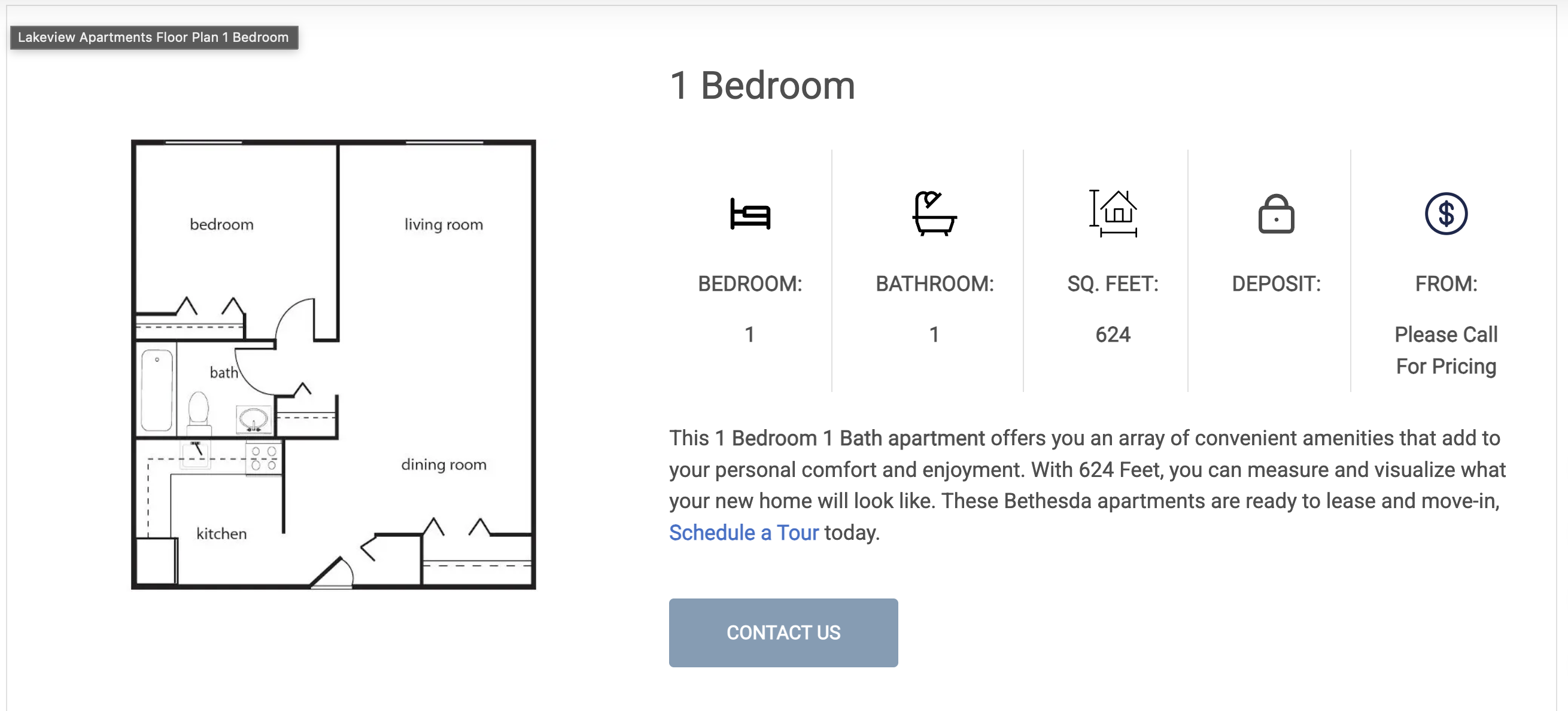 A webpage advertisement for a 1 Bedroom apartment with a floor plan and details.