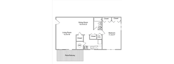 A floor plan of a small apartment with a living room, dining room, bedroom, and bathroom.
