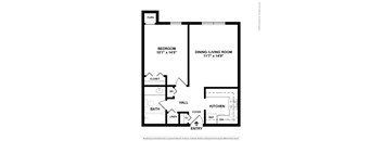 A floor plan of a home with a bedroom, bathroom, hall, and kitchen.