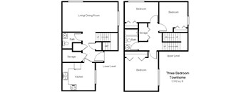 A black and white image of a three bedroom townhome floor plan.