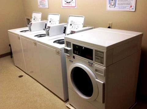 A row of washers and dryers in a public laundromat.