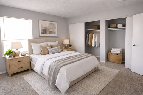 A bedroom with a large bed, a nightstand with a lamp, and a wardrobe with clothes hanging.