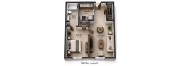 A 1BR/1BA apartment layout with a kitchen, living room, bedroom, bathroom, and closet.