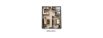 A 1BR/1BA apartment layout includes a living room, bedroom, and kitchen.