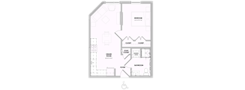 A floor plan of a house with a bedroom, two closets, a coat closet, a grand room, a bathroom, and a foyer.