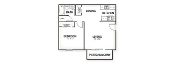 A floor plan of a small apartment with a bedroom, living room, kitchen, and bathroom.
