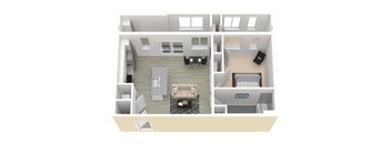 A 3D floor plan of a house showing a living room, kitchen, and two bedrooms.