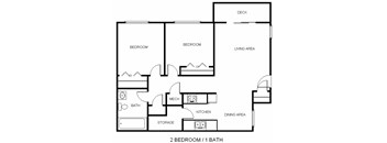 A black and white image of a floor plan for a 2 bedroom, 1 bathroom apartment.