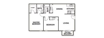 A floor plan of a house with a master bedroom, two bathrooms, a living room, a dining area, a kitchen, and a patio/balcony.
