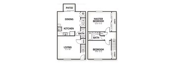 A floor plan of a two-story house with a master bedroom on the second floor.