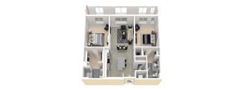 A 3D floor plan of a house showing a kitchen, living room, dining room, and two bedrooms.